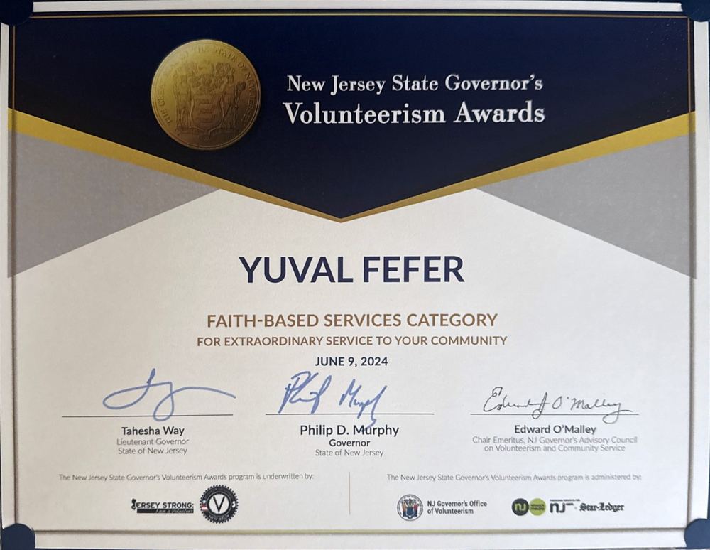New Jersey Governor's Volunteerism Award certificate