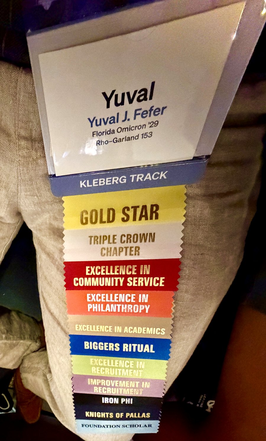 Phi Delta Theta chapter award ribbons on a Kleberg Track badge