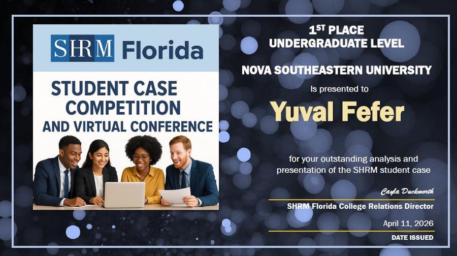 SHRM Florida certificate: 1st Place, Undergraduate Level, presented to Yuval Fefer, April 11, 2026